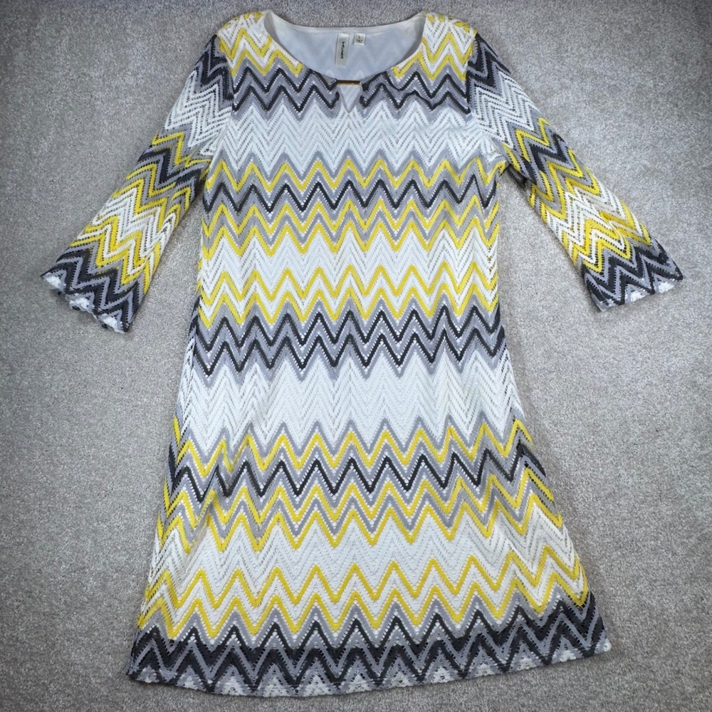 Tacera Women L Chevron Zig Zag Lace V-Neck 3/4 Sleeve Shift Dress Yellow Grey
